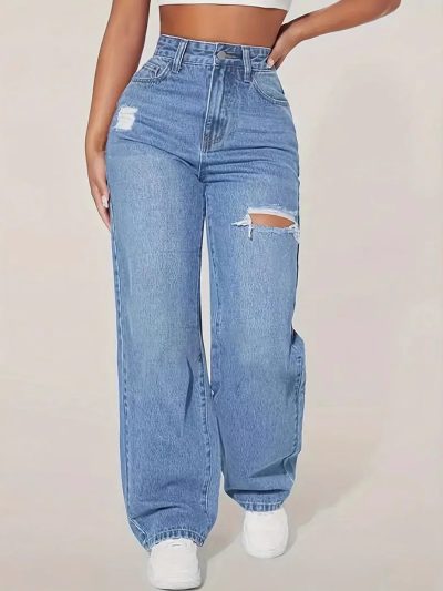 European And American Ladies Washed Hole Denim Trousers