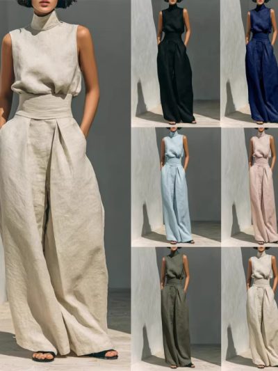Casual Sleeveless Suit Summer Stand-up Collar Pullover Top And Loose Straight-leg Trousers Women's Clothing