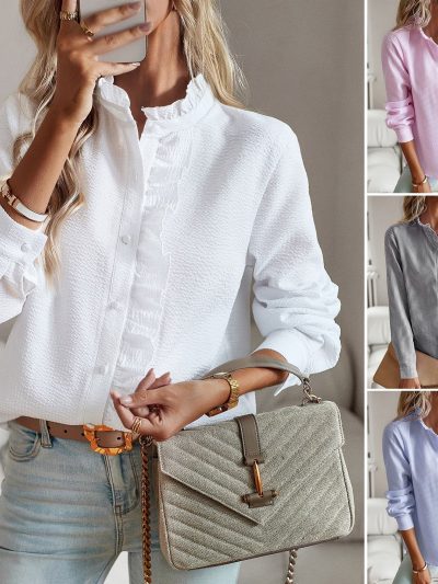 Striped Long Sleeve Shirt Fashion Ruffle Design Button Up Tops Casual Office Blouse Elegant Commuting Women's Clothing