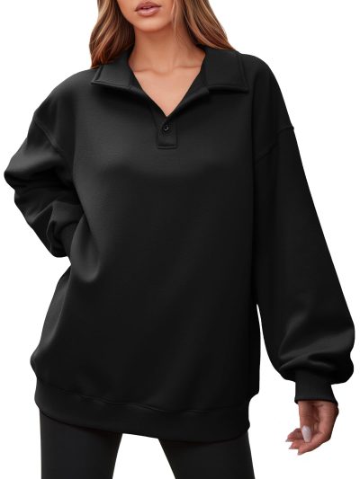 Fisoew Women Collared V Neck Sweatshirt Casual Oversized Long Sleeve Fashion Pullover Tops